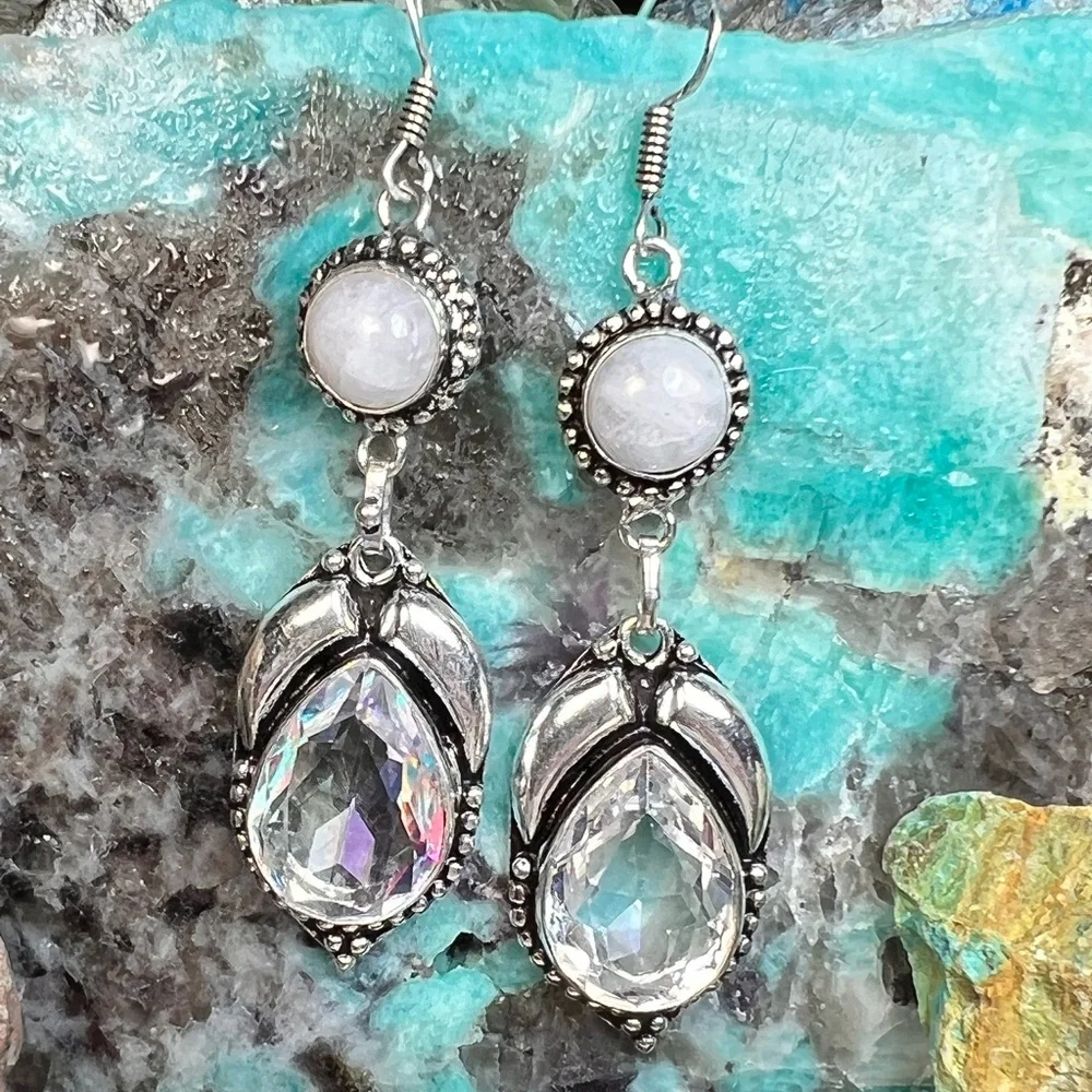 White topaz & rainbow moonstone earrings (Z-6) - Picture 1 of 5
